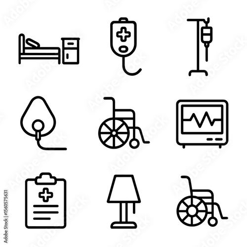 Hospital Room Icons. Solid, filled icon set of hospital patient room setup: hospital bed, bedside table, nurse call button, IV
