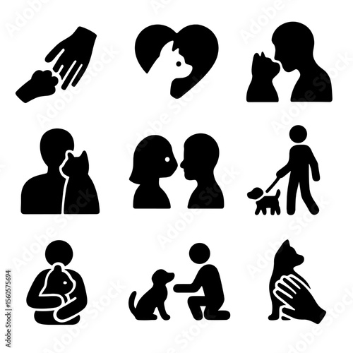 Human-Animal Bonding Icons. Solid, filled icon set of human-animal bonding: hand touching paw, heart with pet, nose nuzzle, pet on