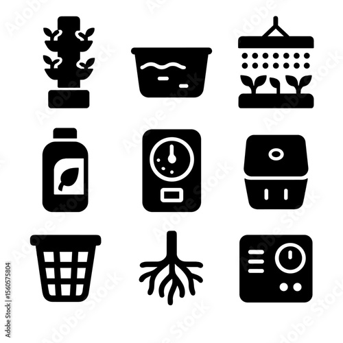 Hydroponic Icons Set. Solid, filled icon set of hydroponic herb systems: grow tower, water reservoir, LED panel, nutrient bottle,