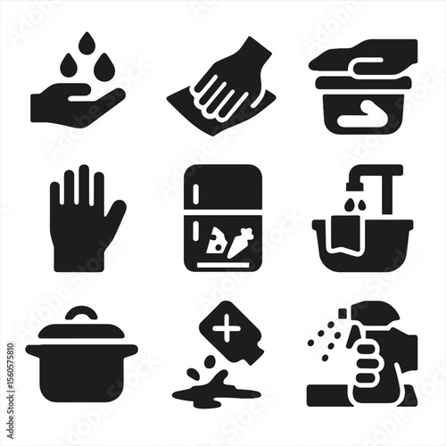 Hygienic Kitchen Icons. Solid, filled icon set of hygienic kitchen habits: washing hands, wiping counter, closing containers,
