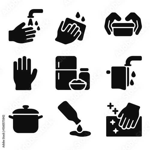 Hygienic Kitchen Icons. Solid, filled icon set of hygienic kitchen habits: washing hands, wiping counter, closing containers,
