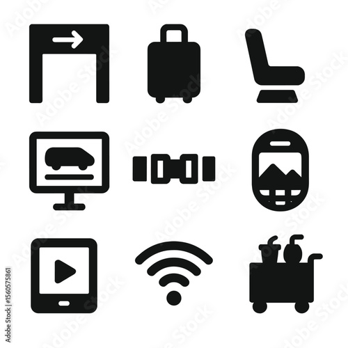 Hyperloop Icon Set. Solid, filled icon set of hyperloop passenger experience: boarding gate, luggage, seating area, information