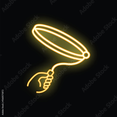 Neon sign of a hand holding a hula hoop, on a dark background