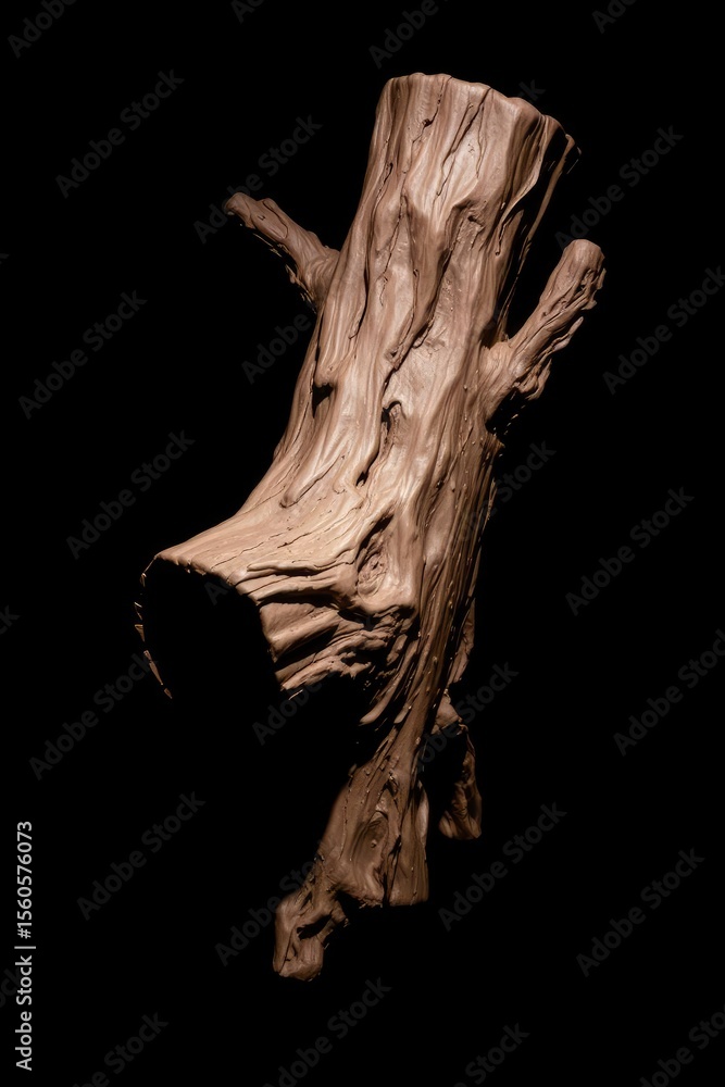 Fototapeta premium A clay sculpture of a tree trunk with branches set against a black background emphasizing textures and forms