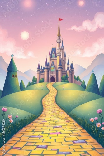 A castle sits atop a hill with a yellow brick road leading to it