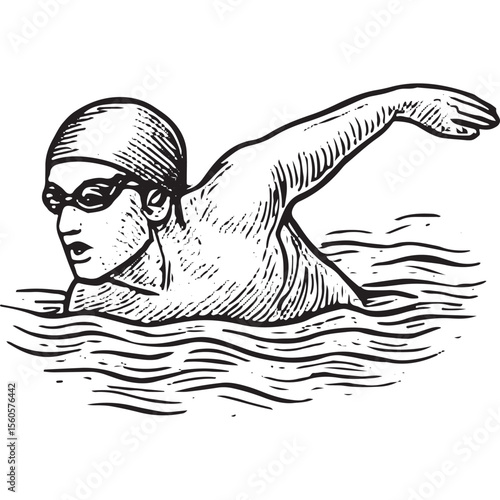 Swimmer in breaststroke, arms forward, water ripples, detailed drawing