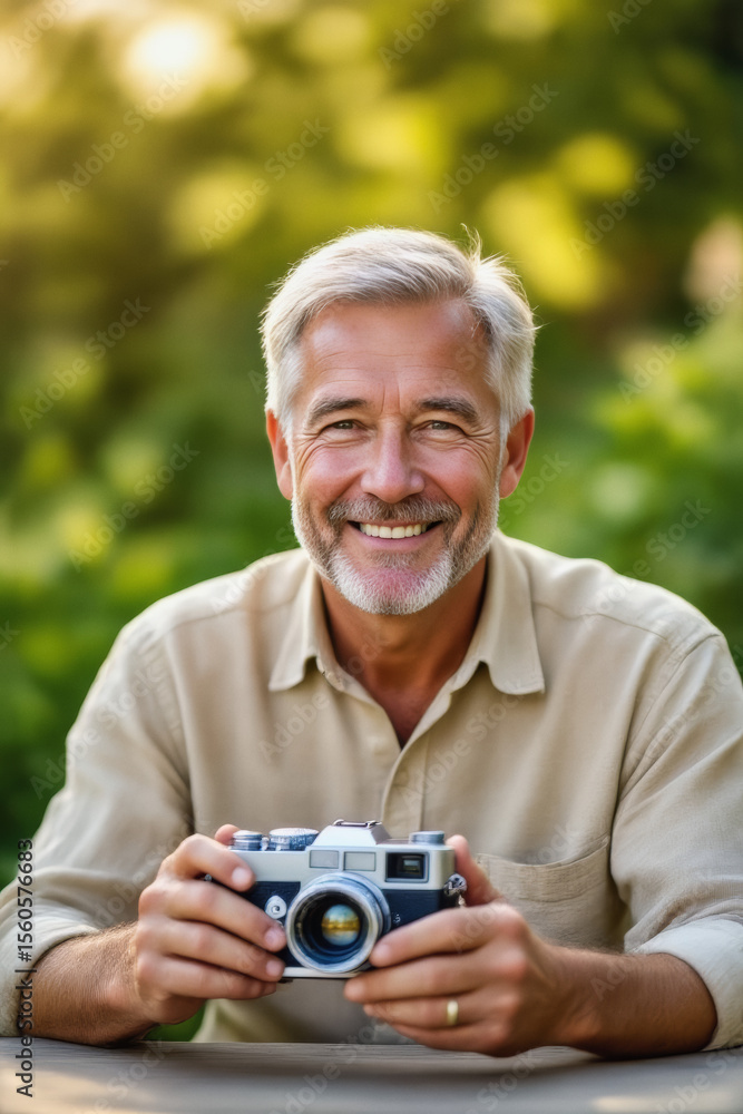 A smiling, mature man with gray hair and a beard holds a vintage camera in a lush, outdoor setting. A smiling, mature man with gray hair and a beard holds a vintage camera in a lush, outdoor setting.