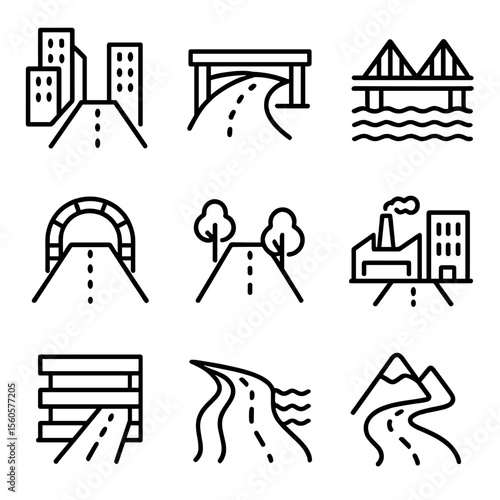 Iconic Chase Environments. Outline icon set of chase environments: urban street, highway overpass, bridge, tunnel entrance, rural