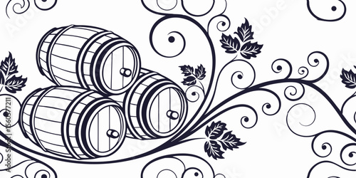 Vector seamless pattern with wine barrels and vine leaves, horizontal pattern-boardure  
