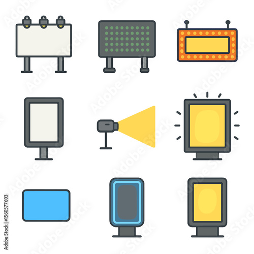 Illuminated Billboard Icons. Flat icon set of billboard and ad lighting: floodlit billboard, LED display panel, scrolling marquee,