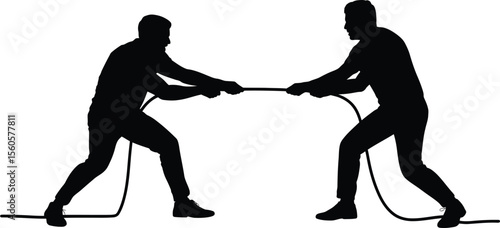 Silhouette of two people playing tug of war competition game strength challenge teamwork and rivalry concept