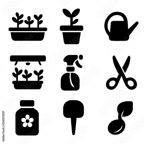 Indoor Herb Gardening Icons. Solid, filled icon set of indoor herb gardening: windowsill tray, plant pot, watering can, grow light