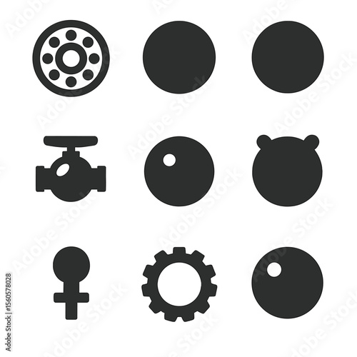 Industrial Ball Icons. Solid, filled icon set of industrial and mechanical balls: ball bearing, steel ball, grinding ball, ball