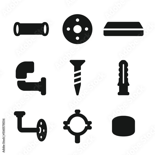 Industrial Pipe Icon Set. Solid, filled icon set of industrial pipe shelving: metal pipe, flange bracket, wooden shelf, elbow
