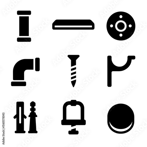 Industrial Pipe Icon Set. Solid, filled icon set of industrial pipe shelving: metal pipe, flange bracket, wooden shelf, elbow