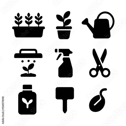 Indoor Herb Gardening Icons. Solid, filled icon set of indoor herb gardening: windowsill tray, plant pot, watering can, grow light