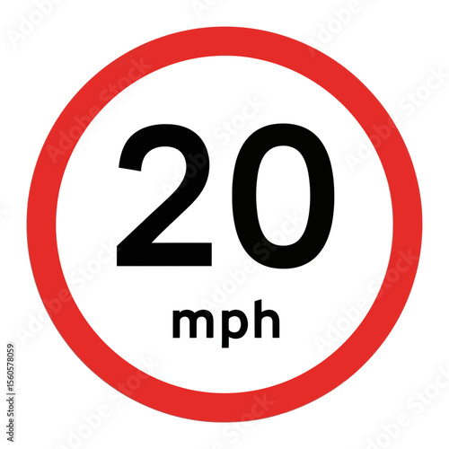 A circular red and white road sign indicates a speed limit of 20 mph isolated on white background