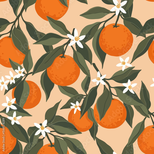 A seamless pattern features oranges with leaves and flowers on a light orange background