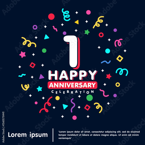 1st year anniversary celebration emblem. Happy anniversary logo isolated with colorful confetti and line doodle and stars on black background. vector illustration template design for web banner	