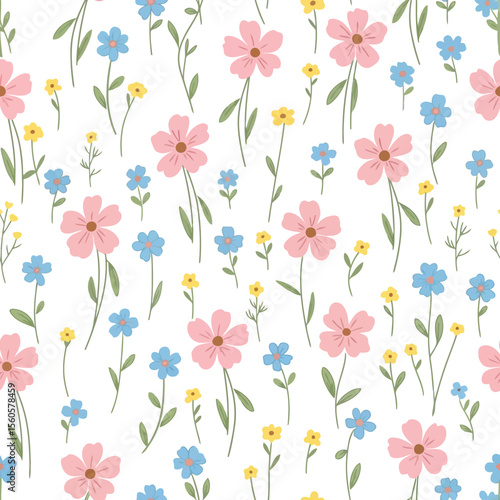 A seamless pattern of pink, blue, and yellow flowers creates a cheerful floral design on a white background