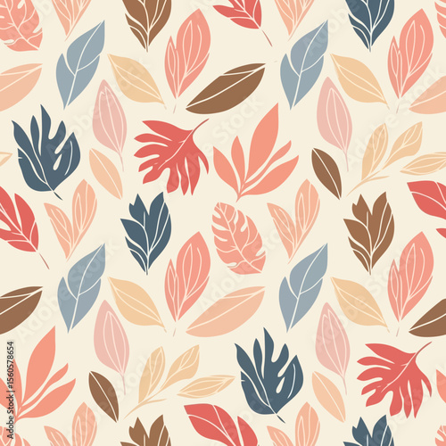 A seamless pattern of colorful leaves creates a vibrant and decorative botanical background