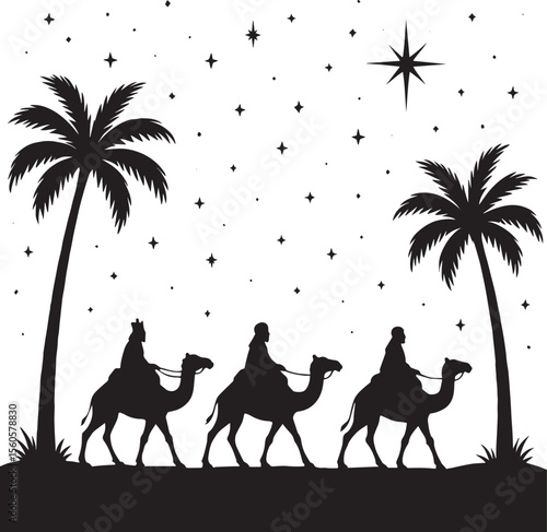 Three Wise Men on Camels, Guided by a Star, Silhouette Illustration