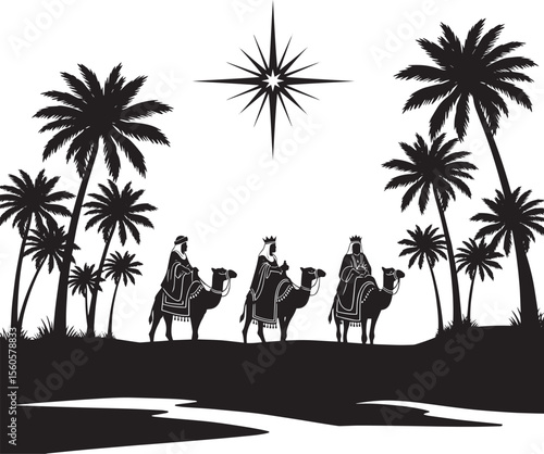Three Wise Men Following the Star on Camels, Christmas Silhouette