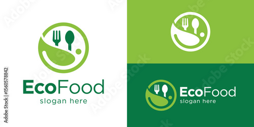 Creative simple eco food logo template. Abstract leaf or farmland with spoon fork for Organic food logo design vector illustration.