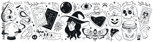 Fantasy Halloween Set. Hand Drawn Magic Stickers. Skull, Tarot Cards, Hands, Witch, Potion, Fortune Ball. 