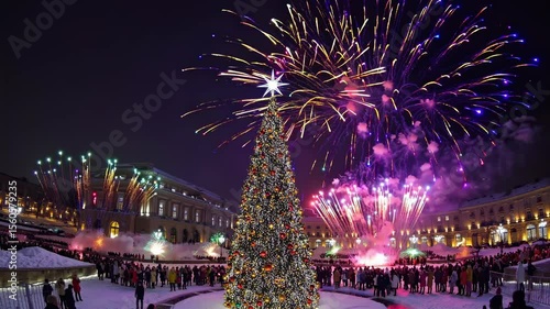 A lively crowd enjoys a spectacular New Year's celebration with colorful fireworks illuminating the night sky over a grand Christmas tree. The atmosphere is festive and cheerful