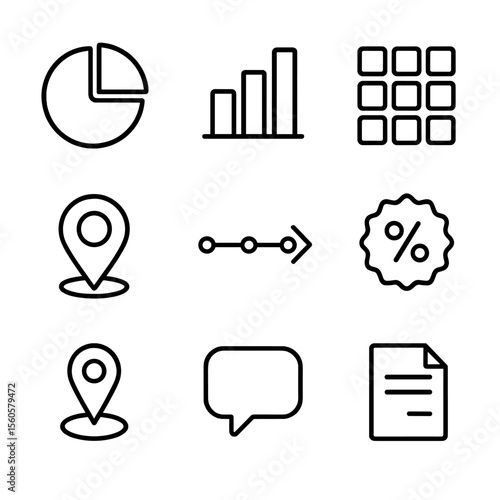 Infographic Icon Set. Outline icon set of infographic report pages: pie chart, bar graph, icon grid, data point marker, timeline