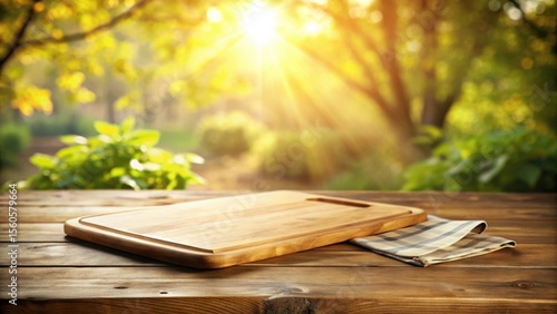 Wallpaper Mural Rustic Wooden Board and Napkin on Outdoor Table with Sunlit Garden Background Torontodigital.ca