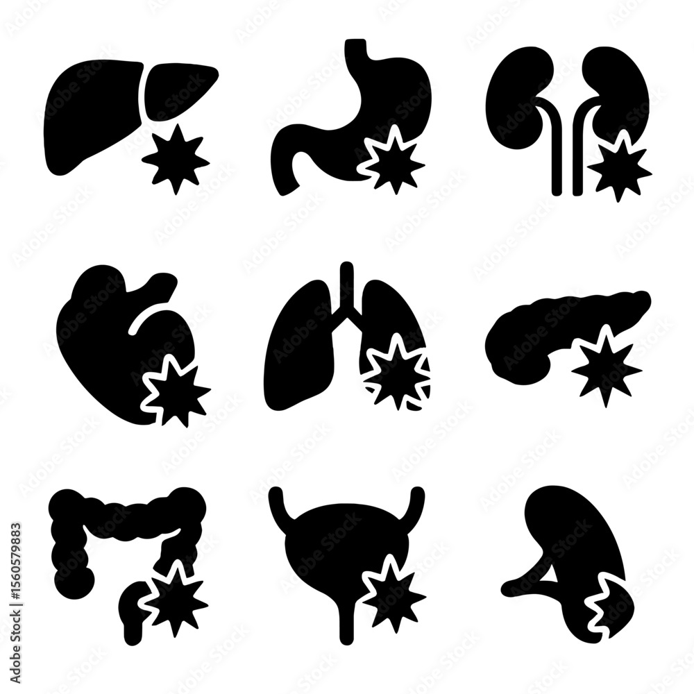 Obraz premium Internal Organ Pain Icons. Solid, filled icon set of internal organ pain: liver with pain icon, stomach ache, kidney inflammation,