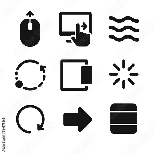 Interactive Icon Grid. Solid, filled icon set of interactive web animations: mouse scroll, hover trigger, parallax wave, motion