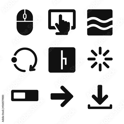 Interactive Icon Grid. Solid, filled icon set of interactive web animations: mouse scroll, hover trigger, parallax wave, motion
