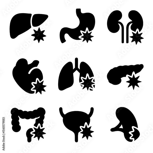 Internal Organ Pain Icons. Solid, filled icon set of internal organ pain: liver with pain icon, stomach ache, kidney inflammation,