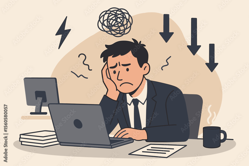 Business concept of work problems, stress, and professional burnout. Sad and frustrated employee feeling fatigue, emotional pressure, and depression at his office desk. Vector. Business concept of work problems, stress, and professional burnout. Sad and frustrated employee feeling fatigue, emotional pressure, and depression at his office desk. Vector.