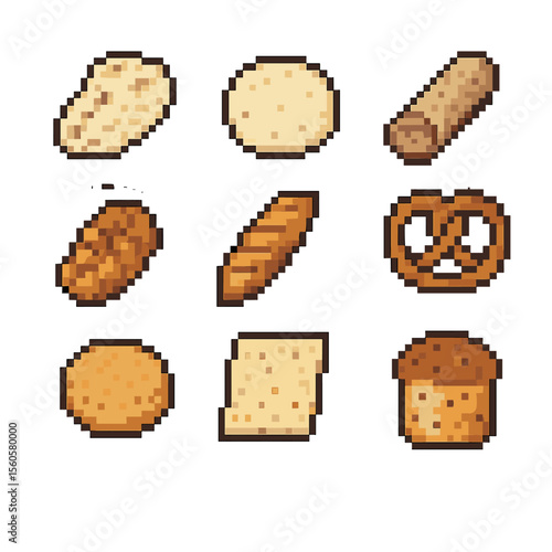 International Bread Icons. Pixel art icon set of international breads: naan, tortilla, injera, challah, baguette, pretzel, bannock