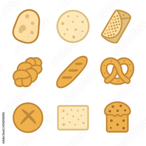 International Bread Icons. Flat icon set of international breads: naan, tortilla, injera, challah, baguette, pretzel, bannock,