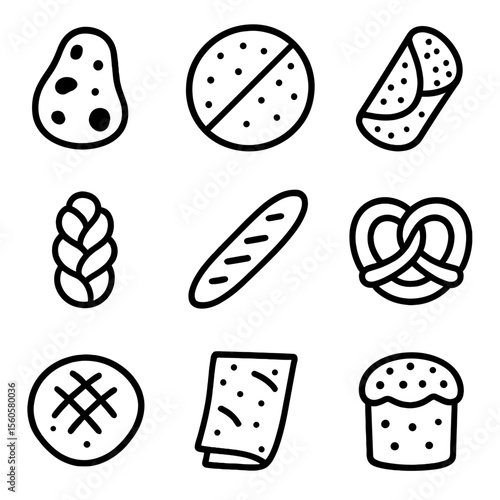 International Bread Icons. Outline icon set of international breads: naan, tortilla, injera, challah, baguette, pretzel, bannock,