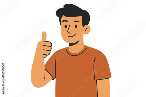 Happy young man showing thumbs up gesture. Positive feedback and approval sign. Satisfied male character smiling. Modern flat vector cartoon illustration isolated on white background.