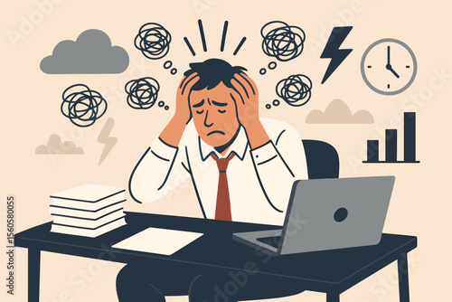 Business concept of professional burnout and work stress. Frustrated office worker feeling anxiety and depression from overload. Man overwhelmed by deadline pressure. Mental health.