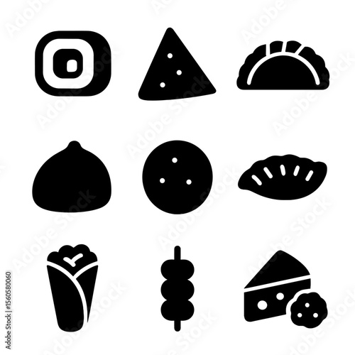 International Snack Icons. Solid, filled icon set of international snack varieties: sushi roll, samosa, empanada, bao bun, falafel