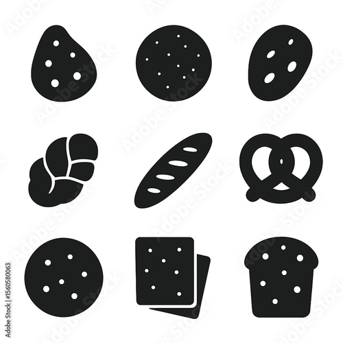 International Bread Icons. Solid, Filled icon set of international breads: naan, tortilla, injera, challah, baguette, pretzel,