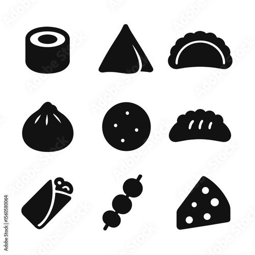 International Snack Icons. Solid, filled icon set of international snack varieties: sushi roll, samosa, empanada, bao bun, falafel