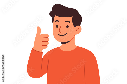 Happy man showing thumbs up gesture. Positive feedback and approval concept. Smiling male character with like sign. Modern flat cartoon vector illustration isolated on white.