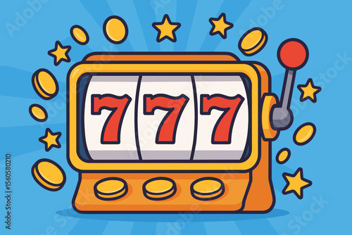 Slot machine 777 jackpot. Lucky seven combination for a big win prize in a casino. Cartoon vector illustration of a golden one-armed bandit with flying coins. Gambling and fortune.