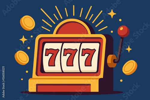 Slot machine jackpot with lucky seven combination. Casino game with 777 win and gold coins. Gambling, fortune, luck concept. Super prize, success. Modern flat vector illustration.