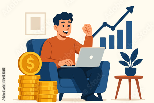 Happy businessman celebrating financial success. Man working on laptop from home with growing graph and money coins. Vector concept for investment, online income, profit, and wealth.