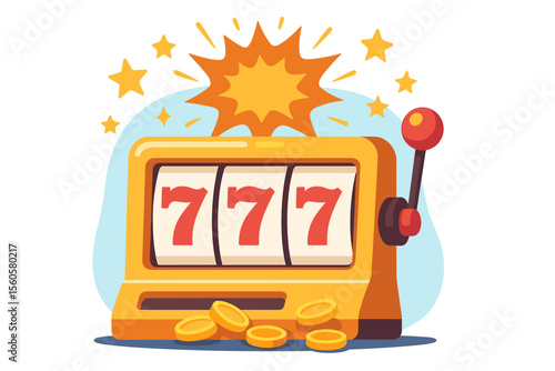 Slot machine hitting a 777 jackpot. Casino gambling concept with one-armed bandit. Lucky seven combination win with gold coins and prize money. Flat vector cartoon illustration.
